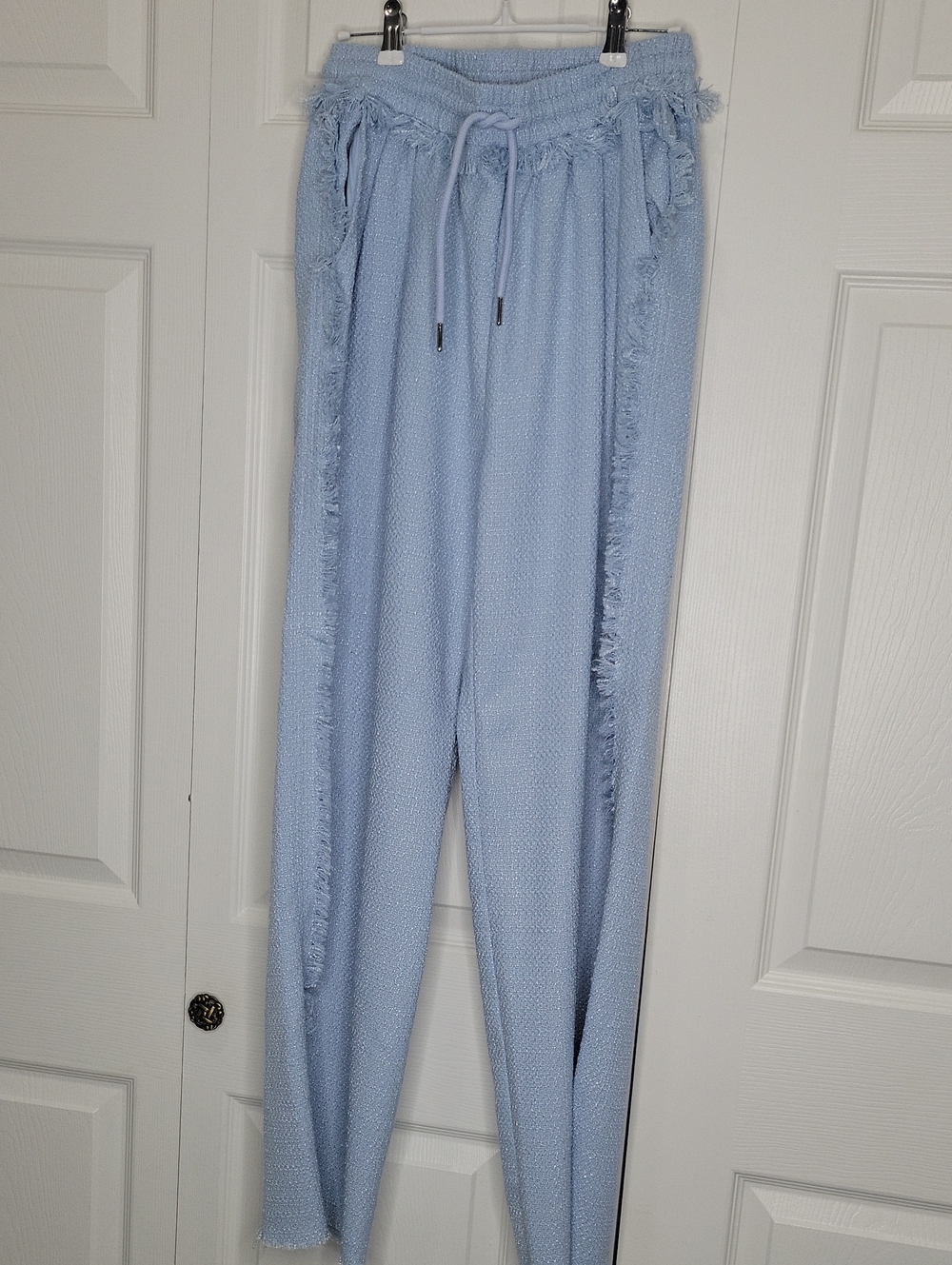 Stile Boutique Light Blue Fringe Drawstring Knit Pants Size Small.